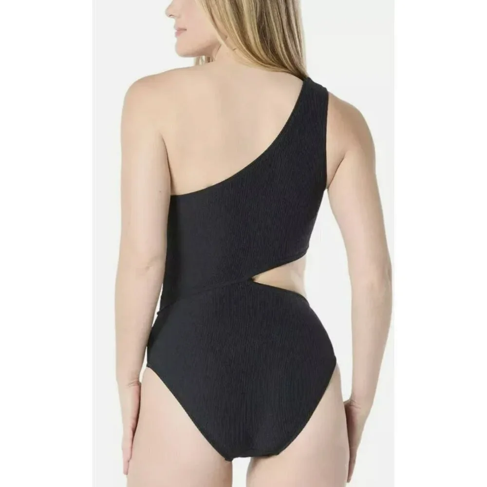 Michael Kors Black One-Shoulder Bathing Suit Ribbed Swimsuit Size 14 NWT